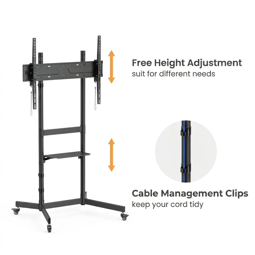 Adjustable mobile display stand showing height adjustment and cable-management clips.