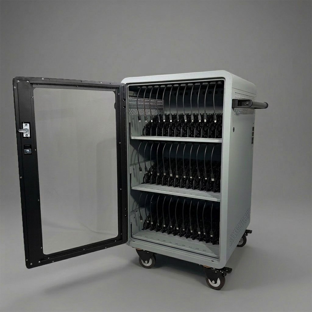 A gray mobile charger with four shelves, each filled with multiple black charging devices connected by cables, with a glass door slightly opened.
