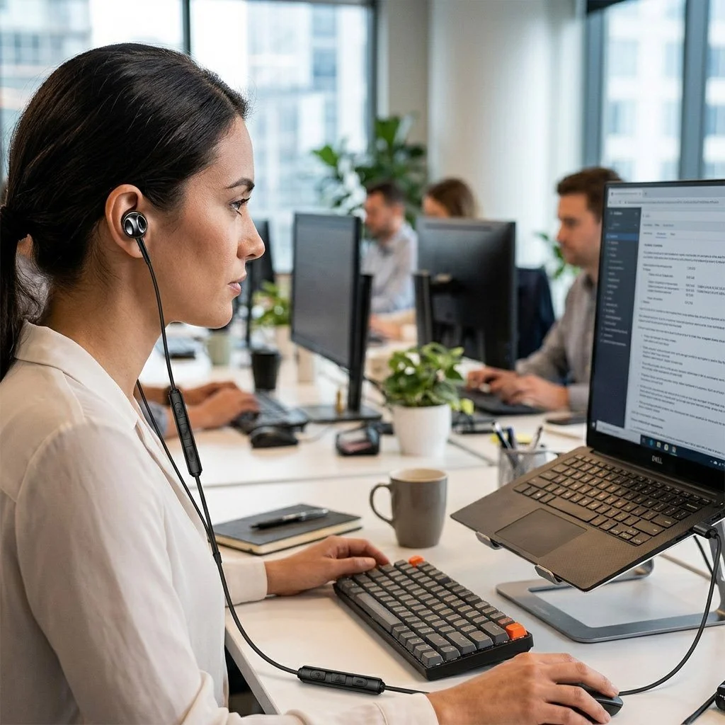 A woman working at a computer in an office, wearing a headset, with other colleagues working in the background.