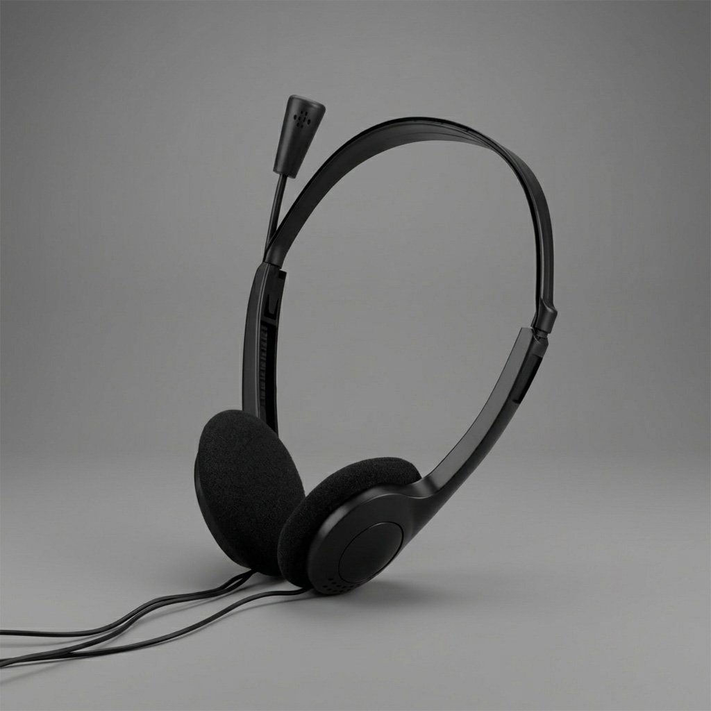 Black over-ear headphones with a microphone attached on a plain gray background.