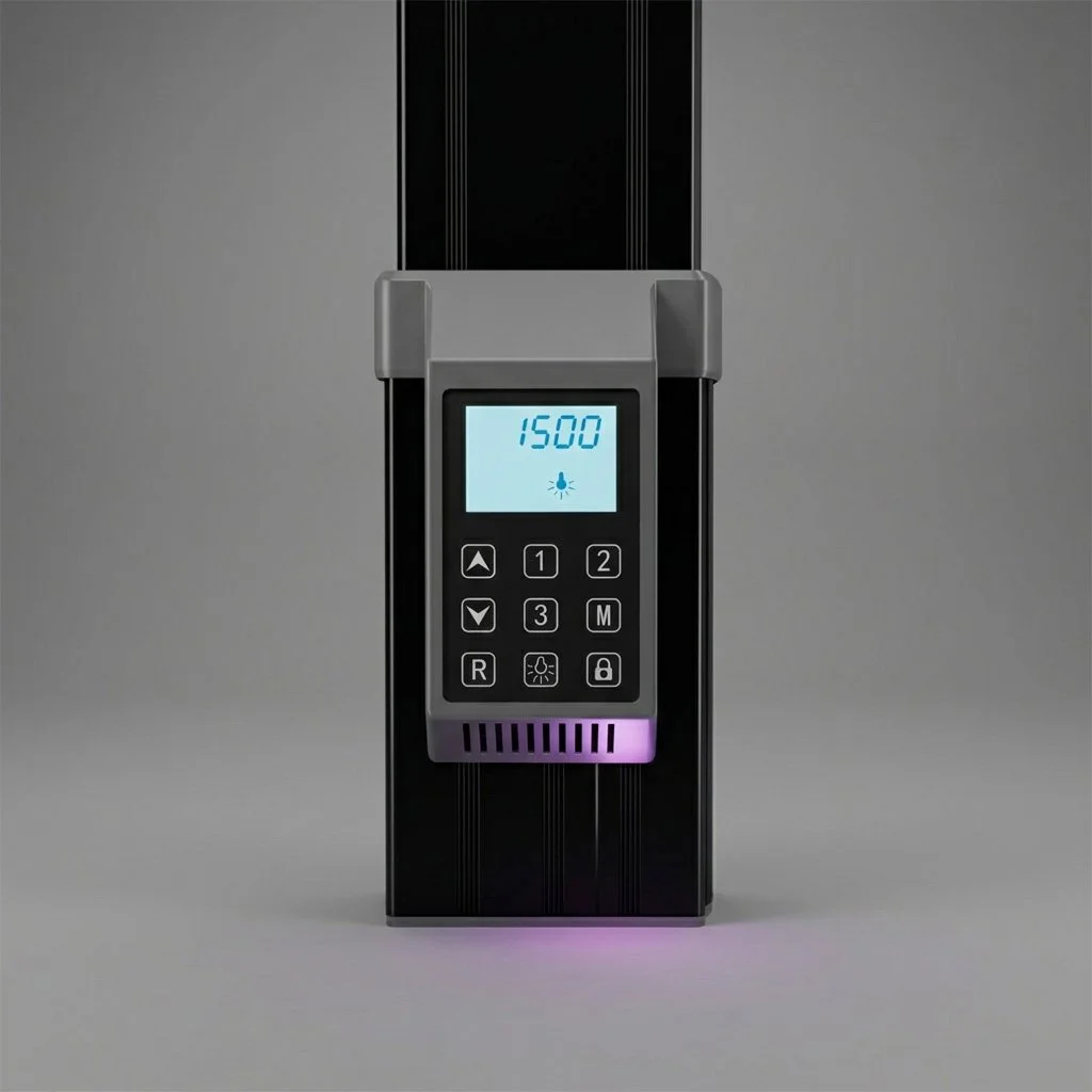 A specialized electronic measuring device with a digital display showing 1500, buttons for adjustments, and a purple glowing light at the bottom.