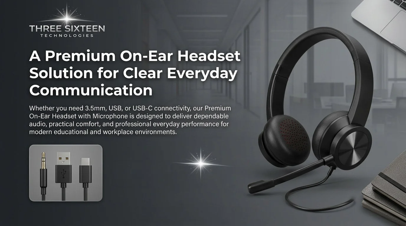 Advertisement for Three Sixteen Technologies features a black over-ear headset with microphone, a USB-C to 3.5mm audio connector, and a portion of a gray laptop and notebook on a sleek gray desk.