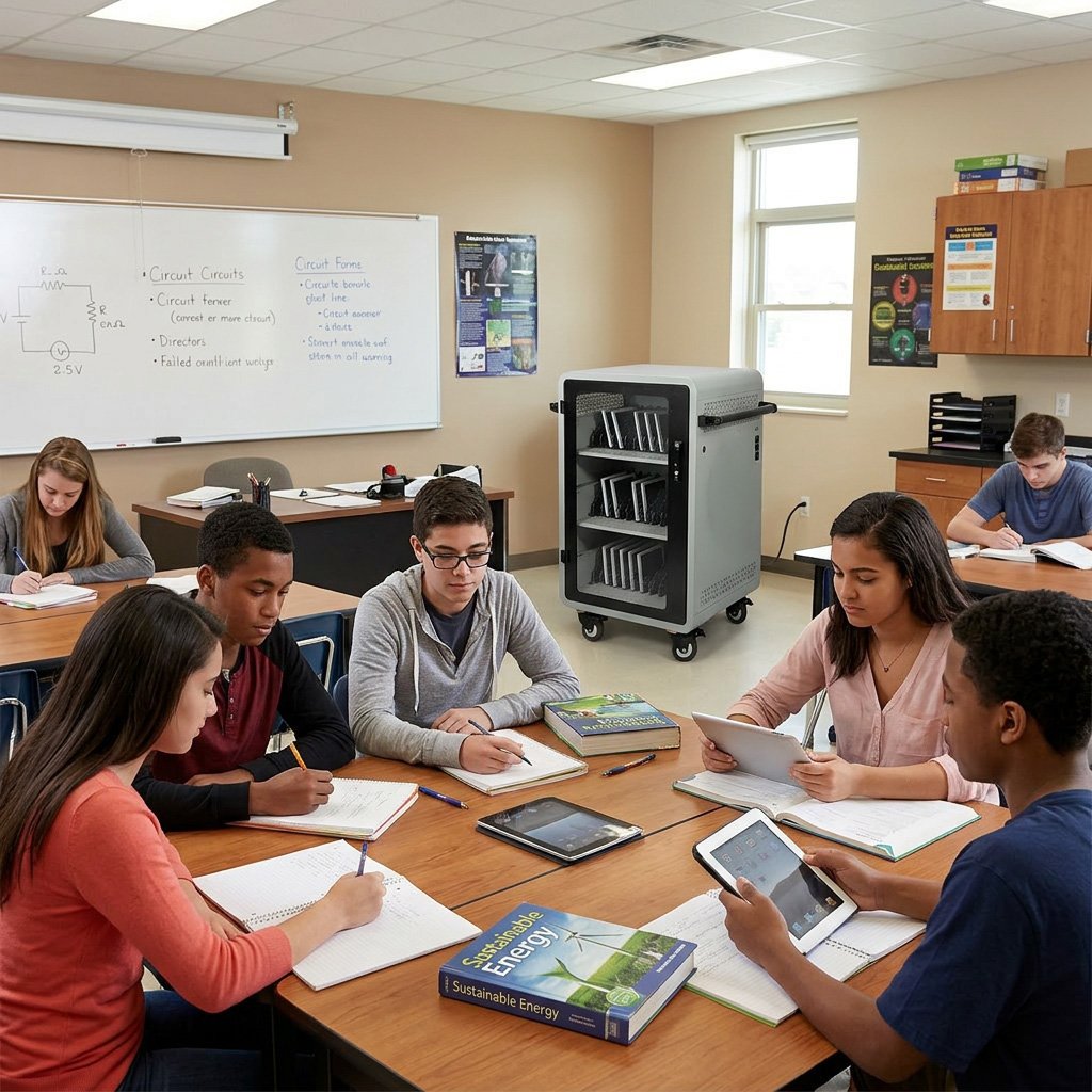 A classroom with students seated around a table, engaged with notebooks, tablets, and a book on sustainable energy. There is a whiteboard with circuit diagrams and notes, a cart with tablets, and educational posters on the walls.