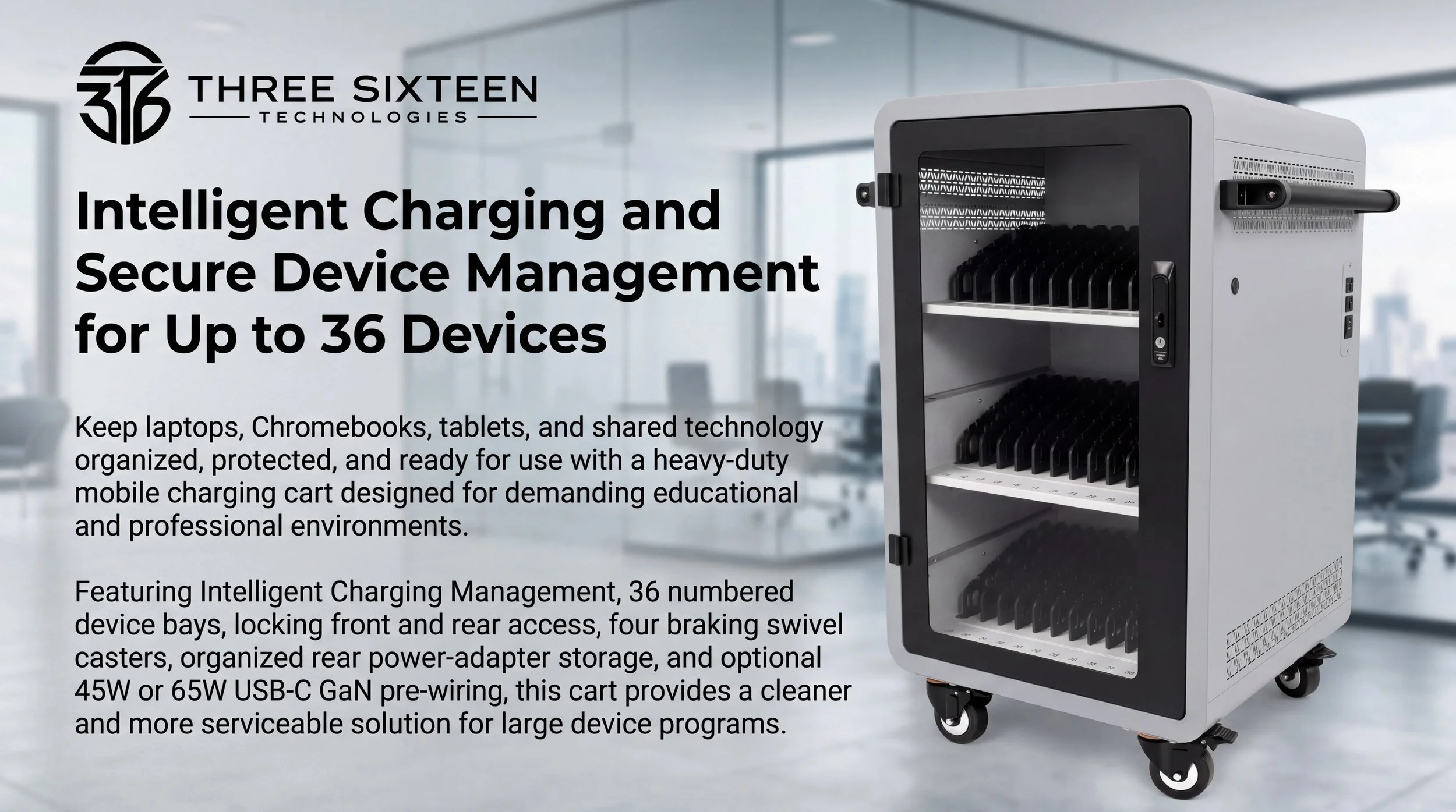 36 Unit Intelligent Charging Cart for laptops, Chromebooks, and tablets in a professional shared-device environment.