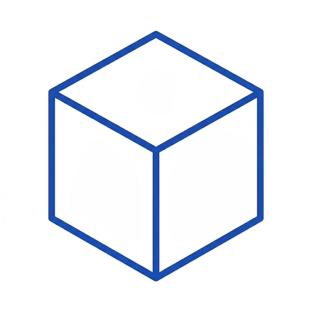 Isometric view of a blue-outlined 3D cube with open top, positioned centrally.
