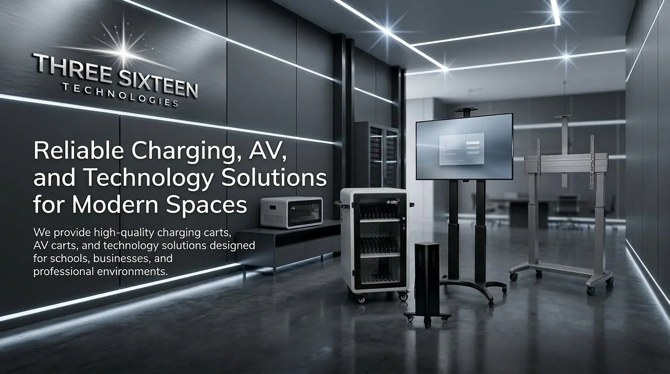 Modern technology showroom with charging carts, AV cart, and display screen, illuminated with sleek strip lighting on dark walls.