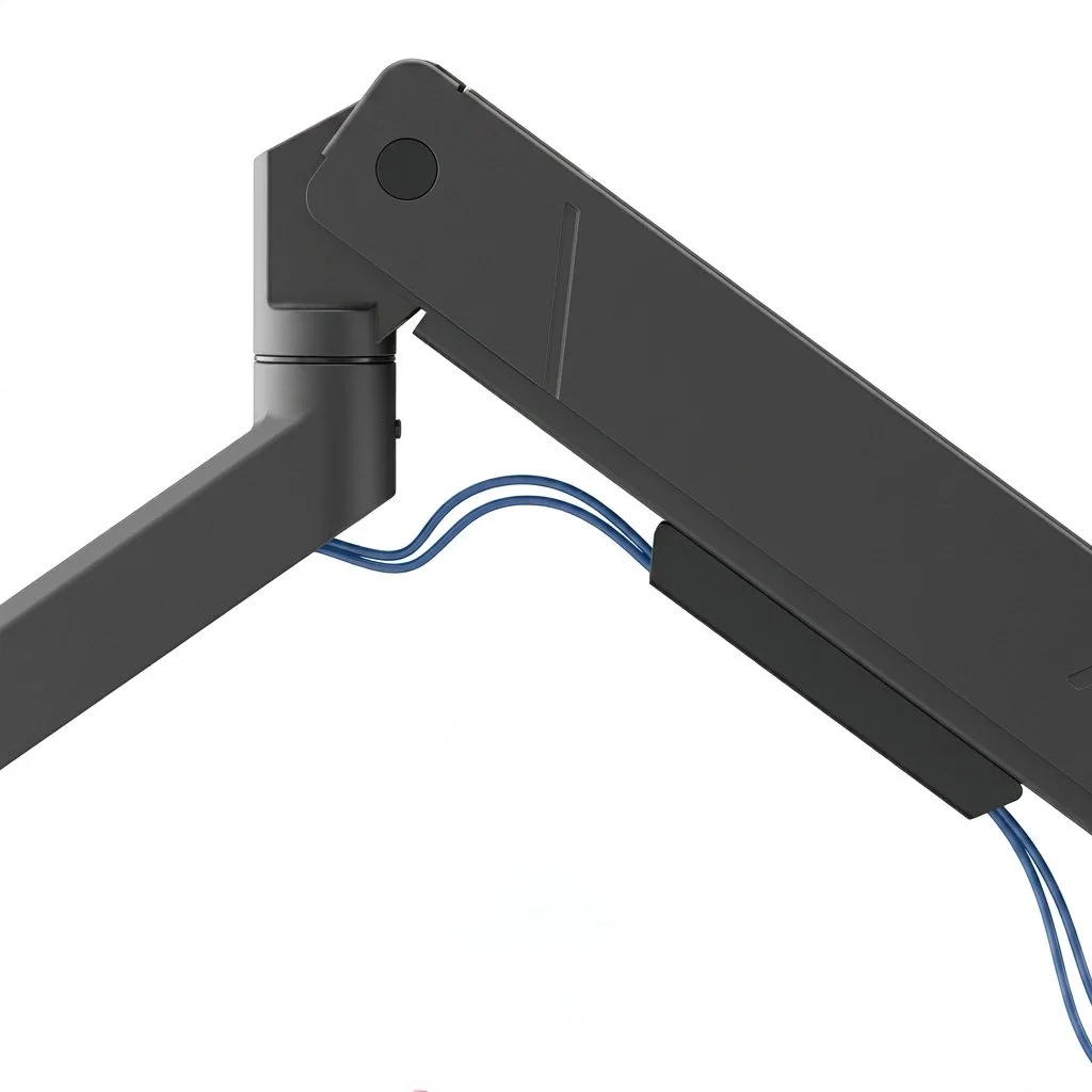 Structured connection points joining the two heavy-duty gas-spring monitor arms to the central base.