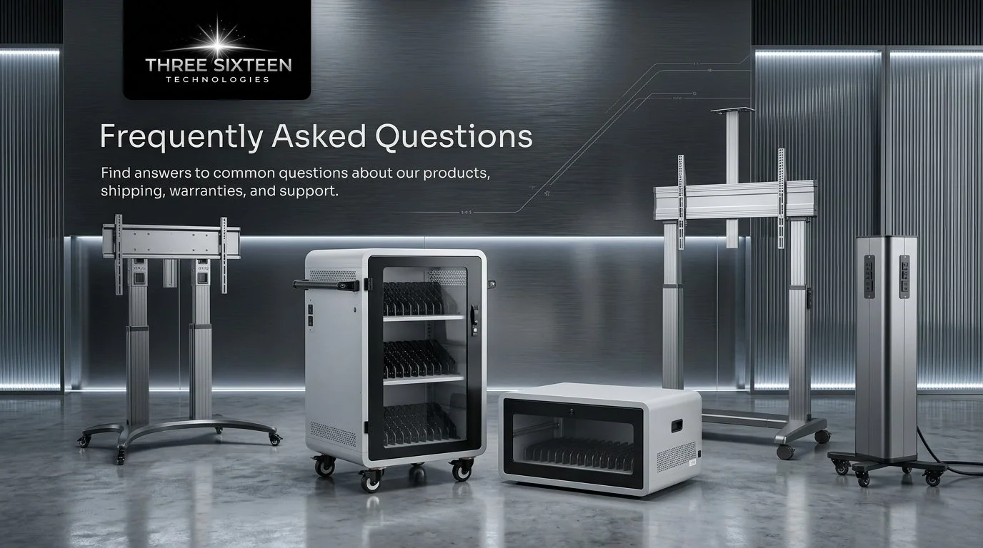 Technology store display with TV screen showing 'Frequently Asked Questions' and various electronic equipment including stands and cabinets.