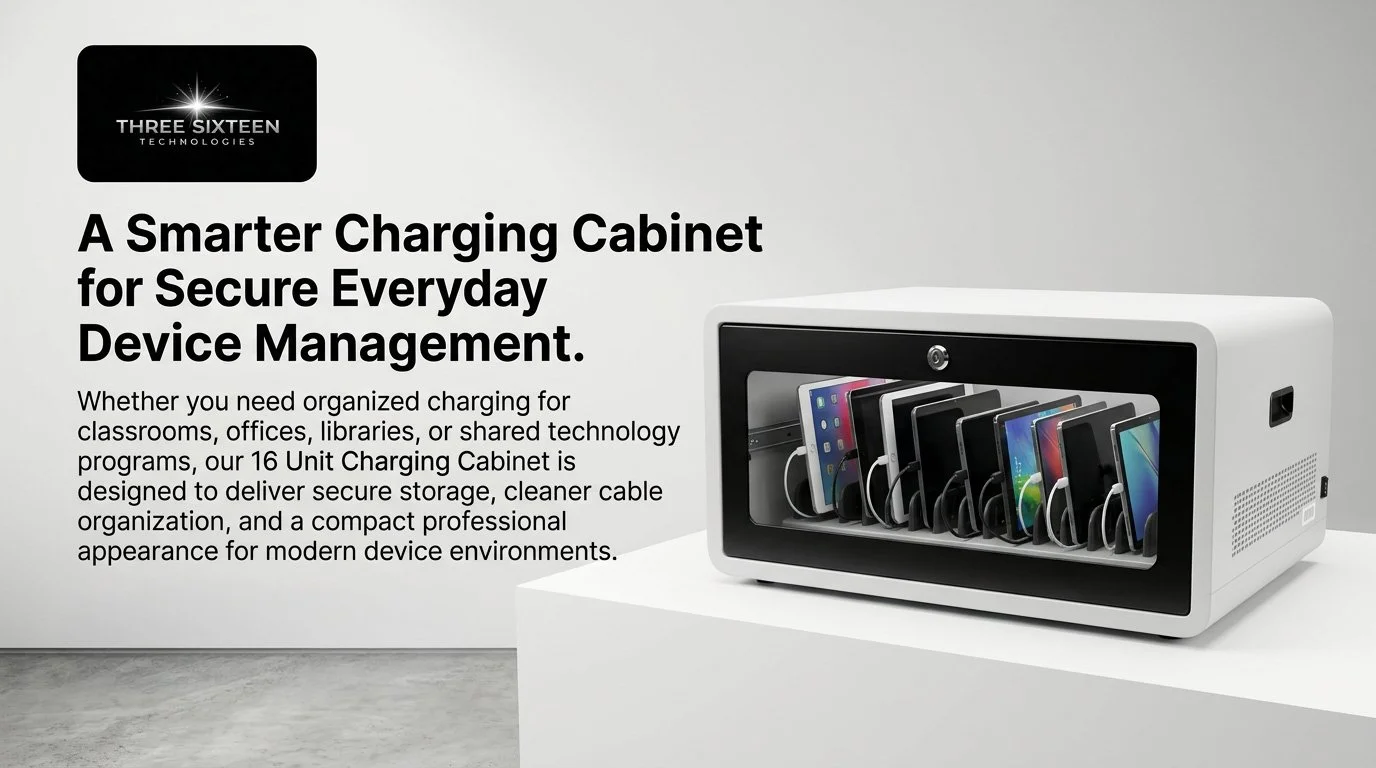 A white charging cabinet with a glass front, containing multiple smartphones and tablets aligned inside, positioned on a white pedestal against a neutral background, with text advertising a smart device charging solution.