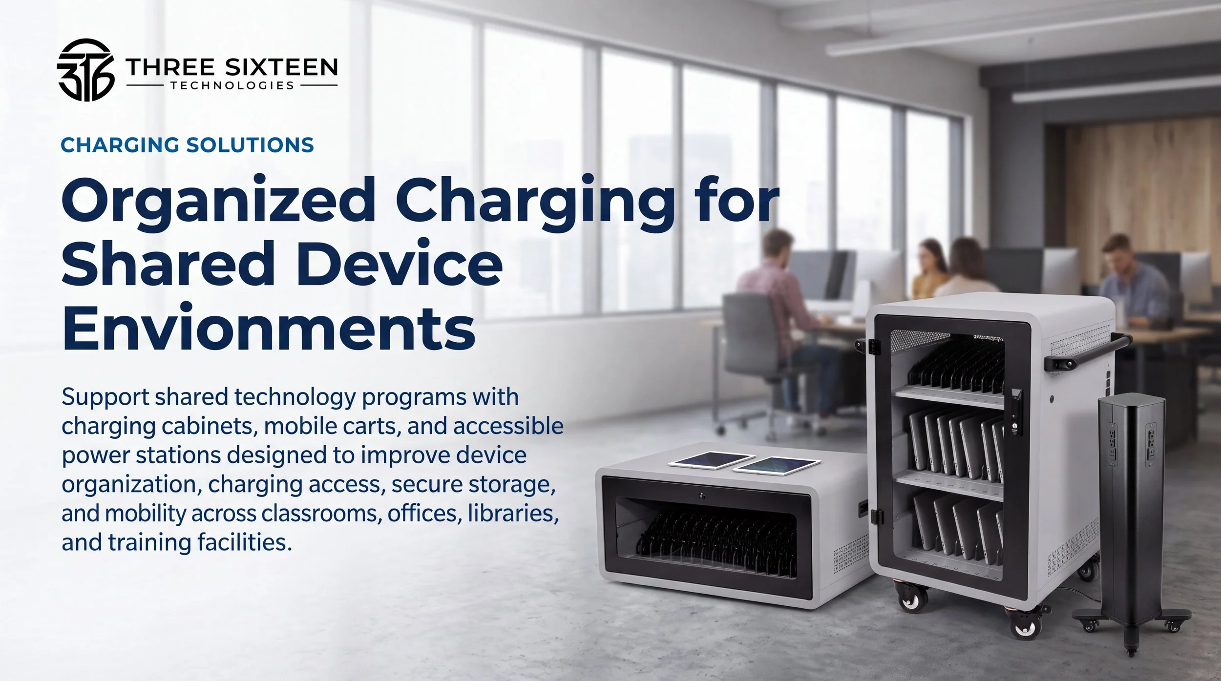 ChargeTower power station, 16 Unit Charging Cabinet, and 36 Unit Intelligent Charging Cart in a professional shared-device environment.