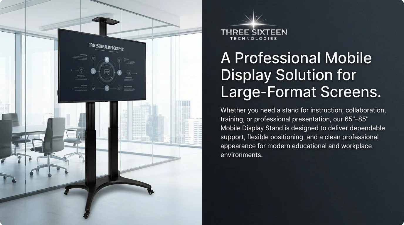 A large, black, mobile display stand holding a widescreen monitor in an office conference room with glass walls and city views, accompanied by promotional text for Three Sixteen Technologies' mobile display solutions.