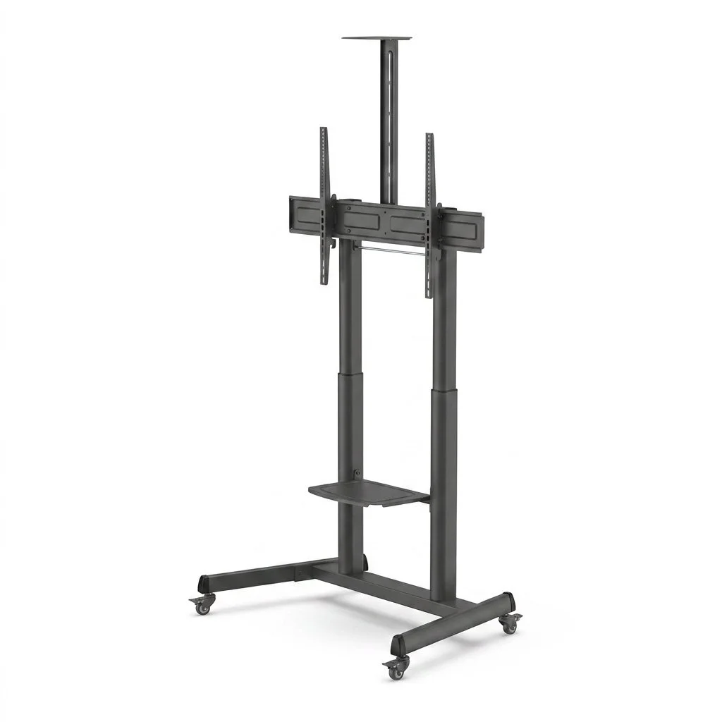 Angled front view of a black crank-adjustable mobile display stand with camera shelf, equipment shelf, and locking casters.