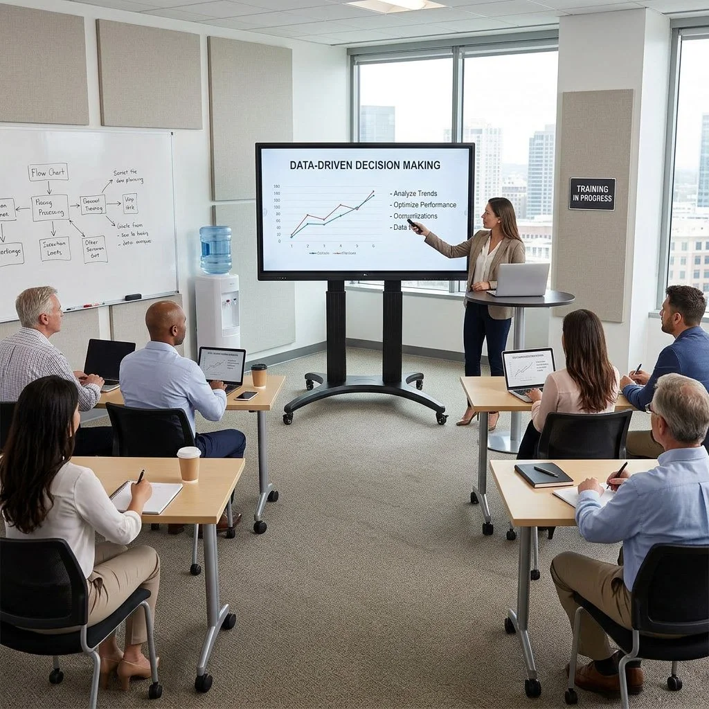 A woman standing in front of a digital screen labeled 'Data-Driven Decision Making' in a modern office conference room. She is pointing at a line graph on the screen while five people are seated at tables with laptops, taking notes or listening. The room has large windows, a water cooler, and a whiteboard with a flow chart.