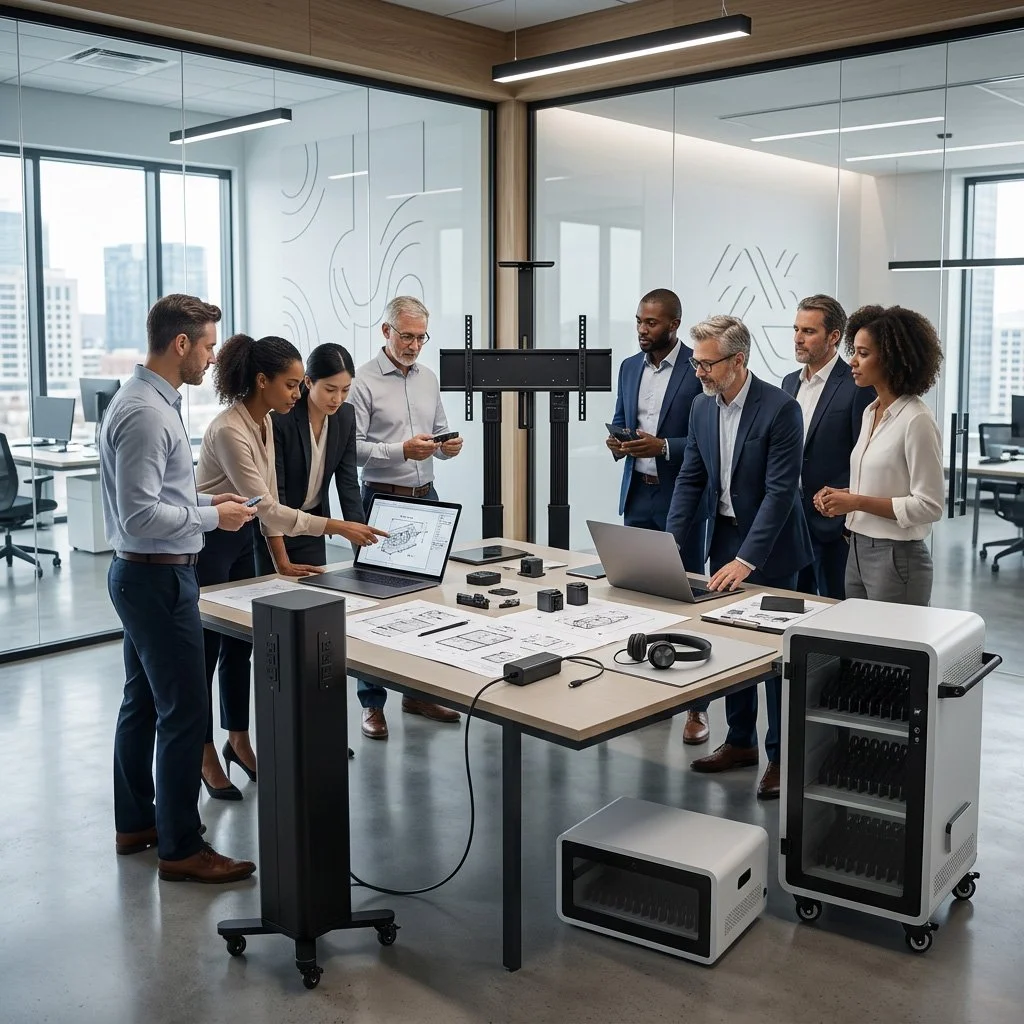 A diverse group of professionals gathered around a table in a modern office, looking at a laptop and discussing a project, with architectural plans and electronic devices on the table.