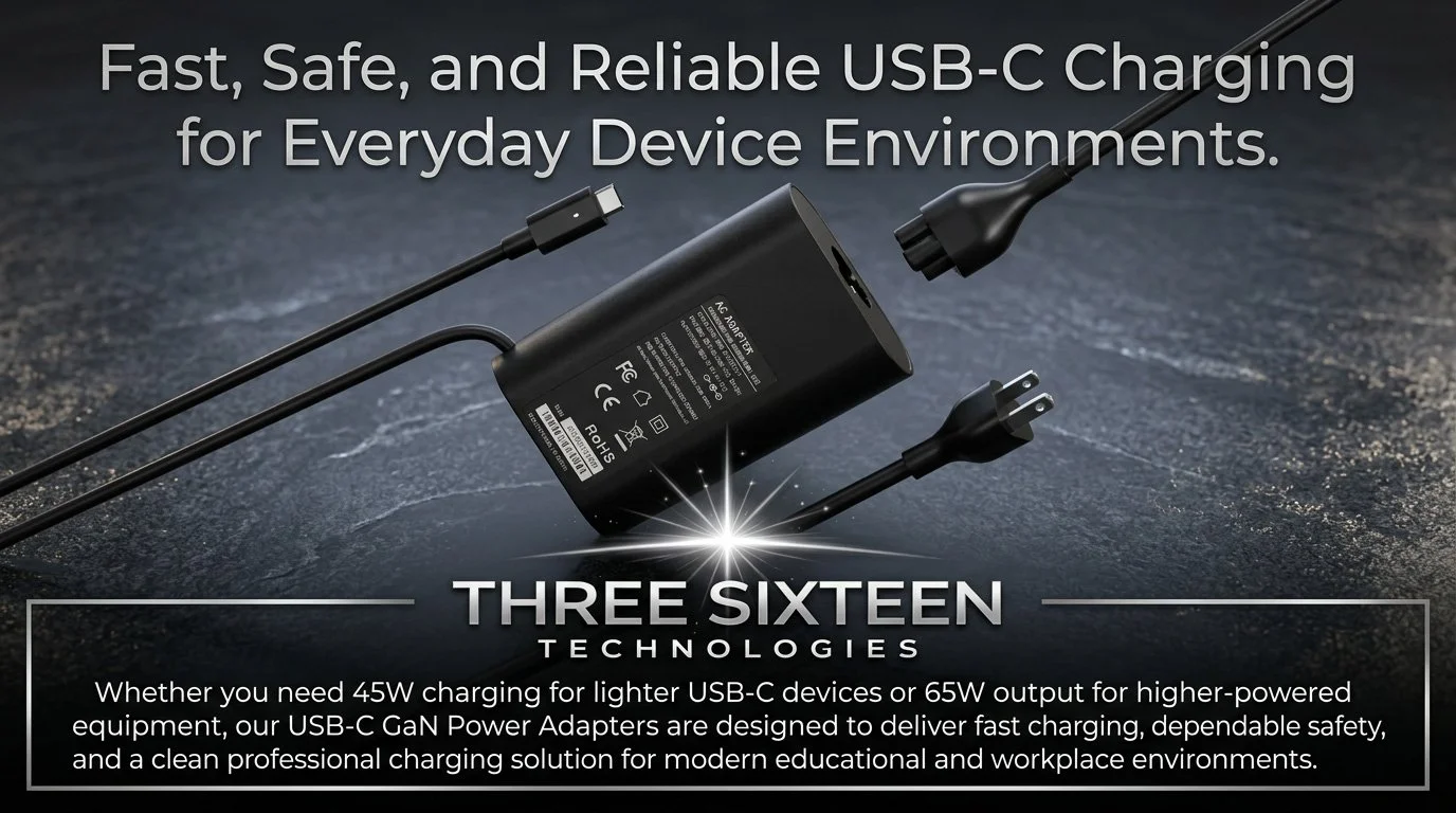 An advertisement for three sixteen USB-C power adapters, showing the adapters and providing information about their fast, safe, and reliable charging capabilities for everyday devices.