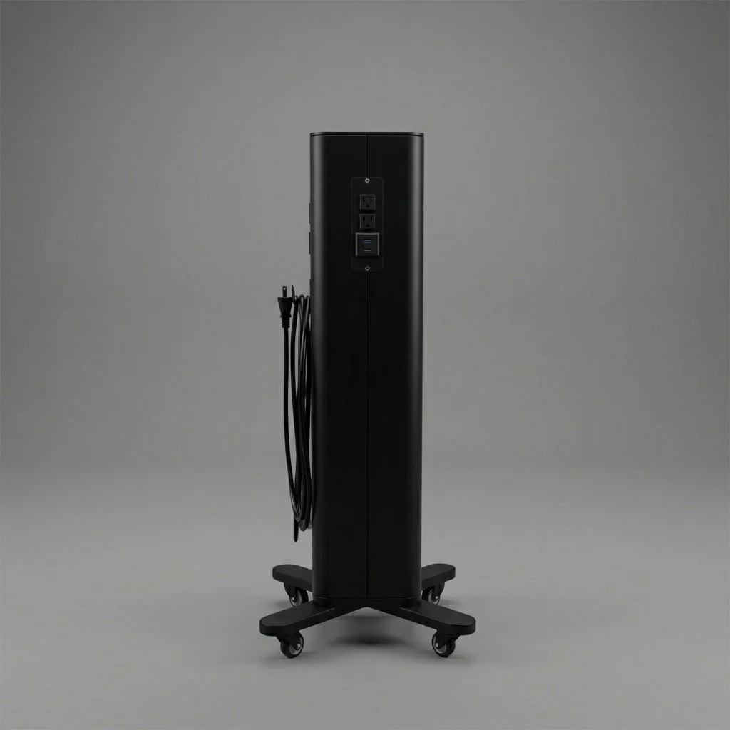 A black, vertical medical or dental device on wheels with power and charging ports.