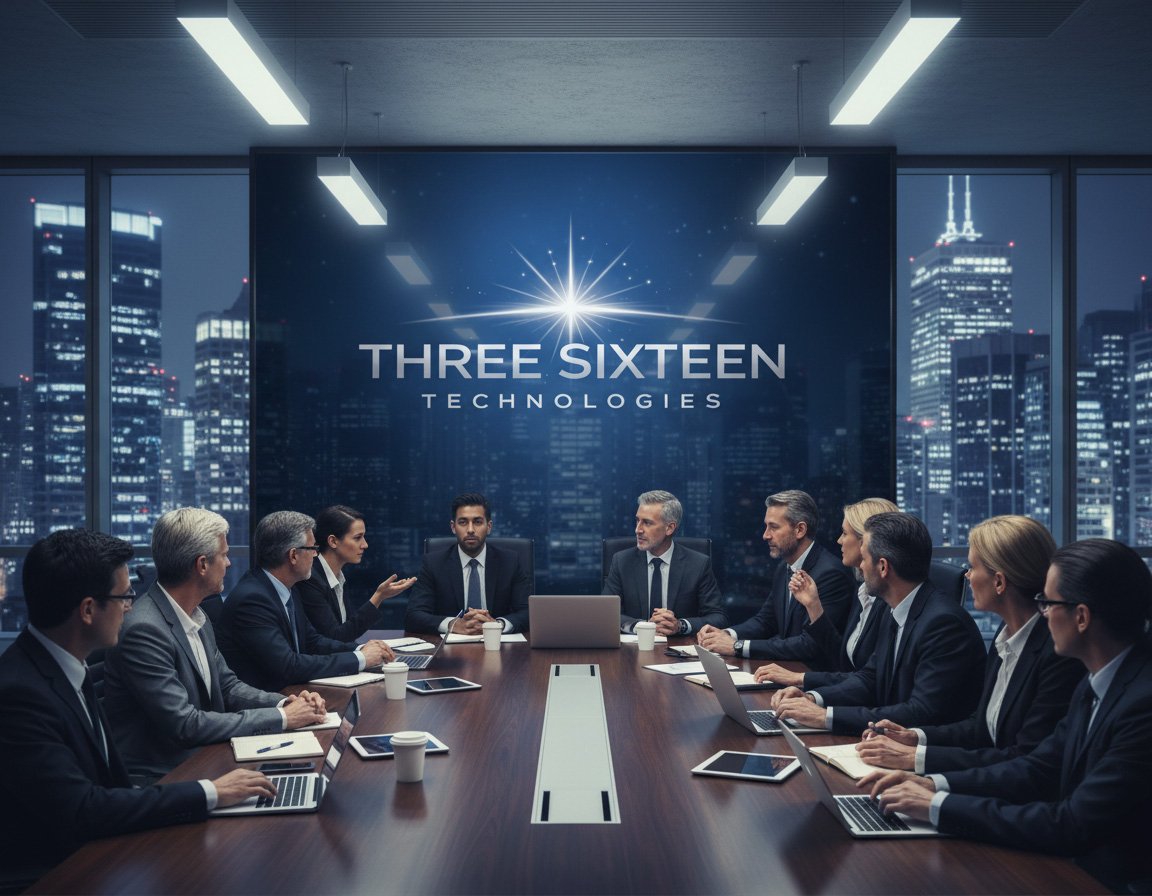 Business meeting in a modern conference room with large windows overlooking a city skyline at night, featuring a presentation slide for Three Sixteen Technologies with a starburst logo.