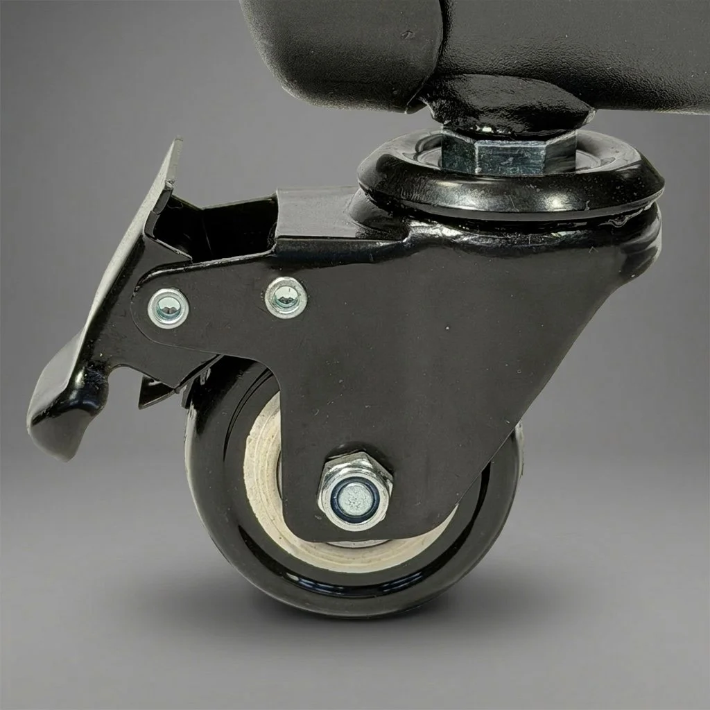 Close-up of a black caster wheel with metal hardware and a brake mechanism against a gray background.