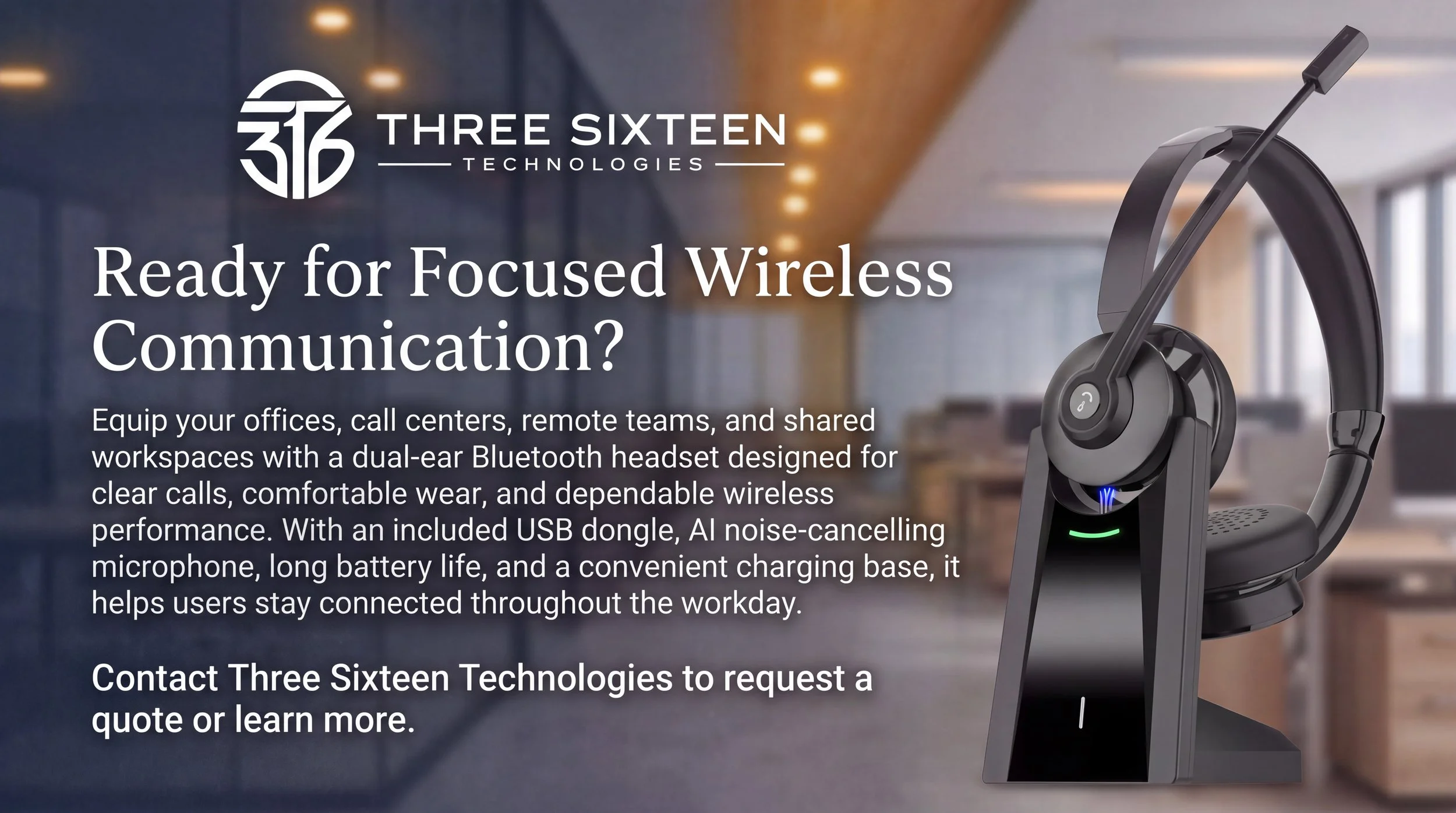 Dual-ear wireless Bluetooth headset with USB dongle and charging base displayed in a professional workspace.