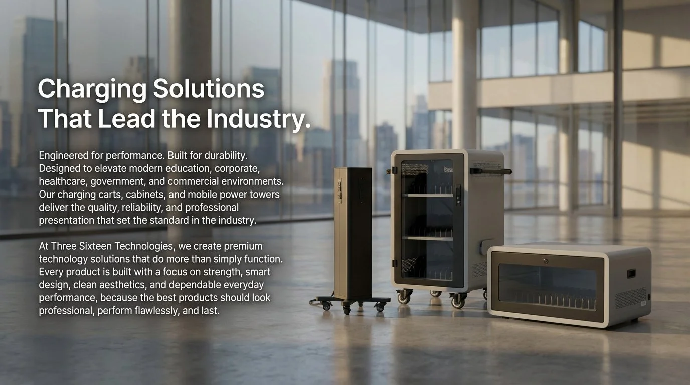 A showroom with three charging carts and cabinets in a modern office with large windows overlooking a city skyline.