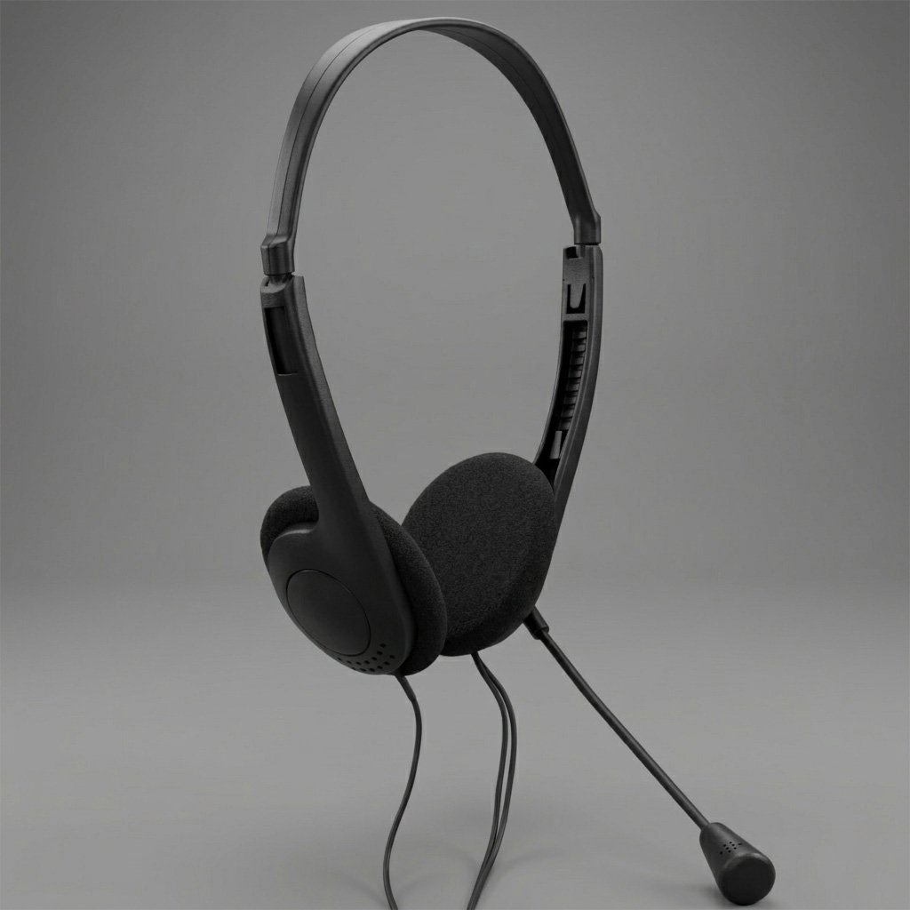Wireless black headset with microphone against a neutral gray background.