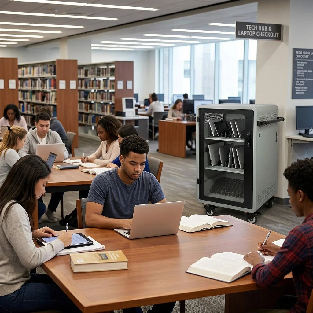 Students studying and working on laptops and tablets in a library, with a sign for tech hub and laptop checkout, bookshelves, and computer stations in the background.