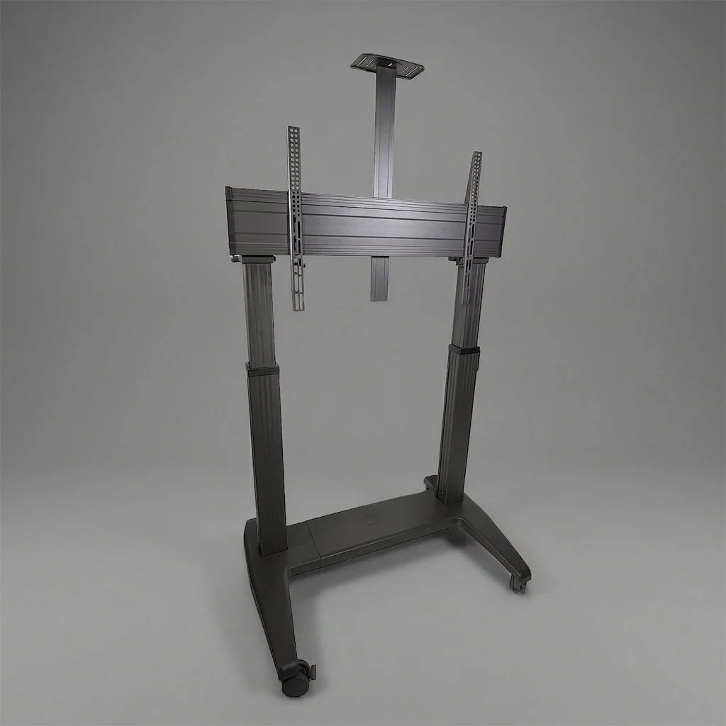 Adjustable TV or monitor stand with casters, made of metal, against a plain background.