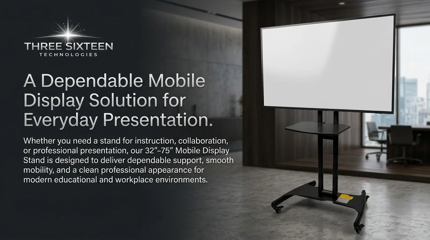 An adjustable mobile display stand with a blank white screen in a modern office space, promoting a mobile display solution for presentations.