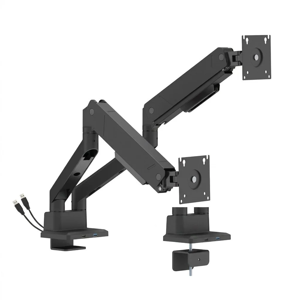 Matte-black heavy-duty dual monitor arm with two gas-spring arms, VESA plates, cable management, and smart USB base.