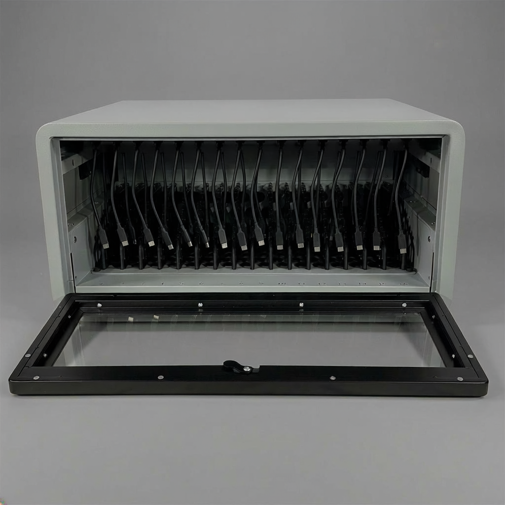Open laboratory rack with multiple black test tube holders and a glass door at the front.