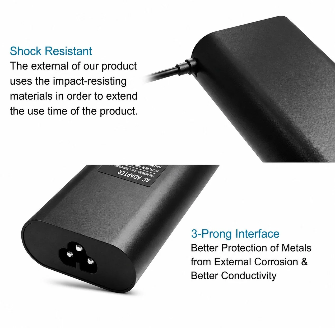 Close-up of the black USB-C GaN power adapter housing and reinforced cable connection.