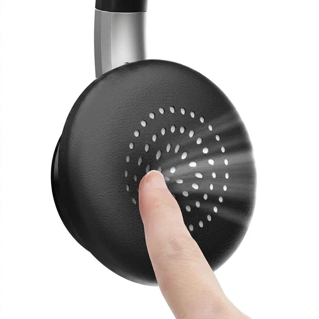 Close-up of the breathable padded ear cushion on the single-ear wireless headset.