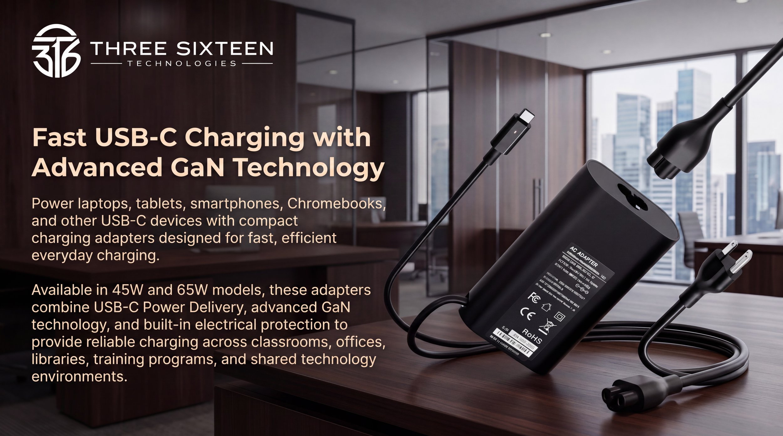 45W and 65W USB-C GaN power adapters with integrated USB-C output cables for compatible laptops, tablets, Chromebooks, and smartphones.