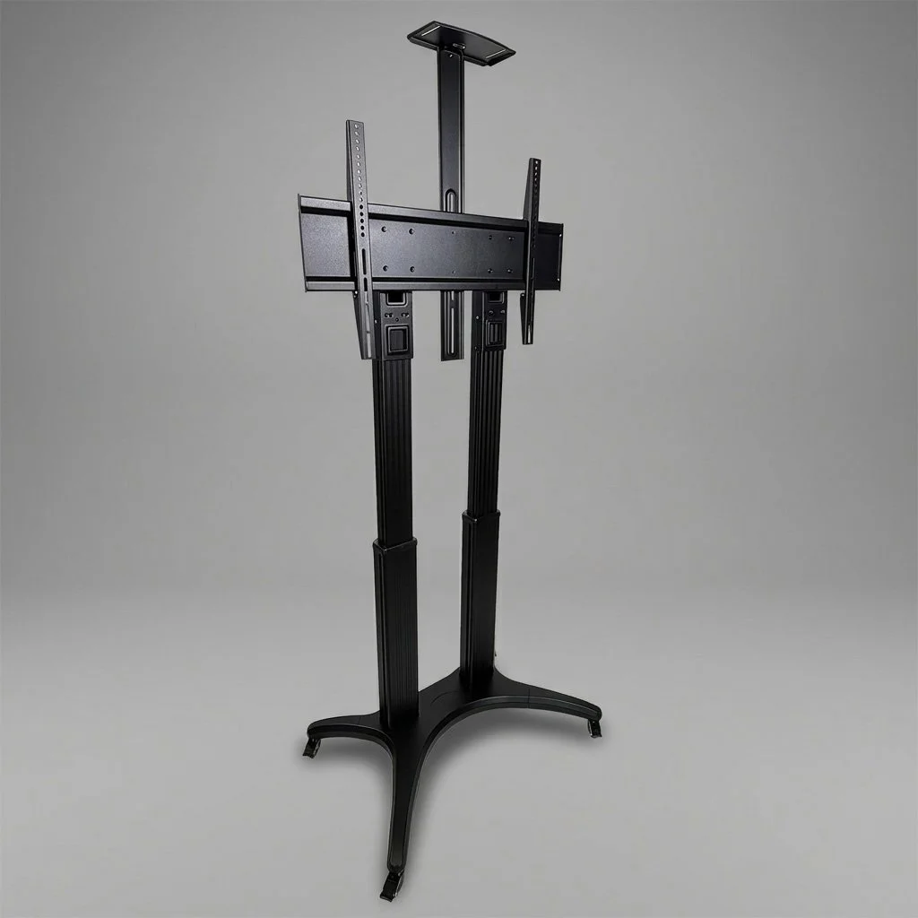 Adjustable flat-panel TV or monitor stand with mounting bracket against a plain gray background.