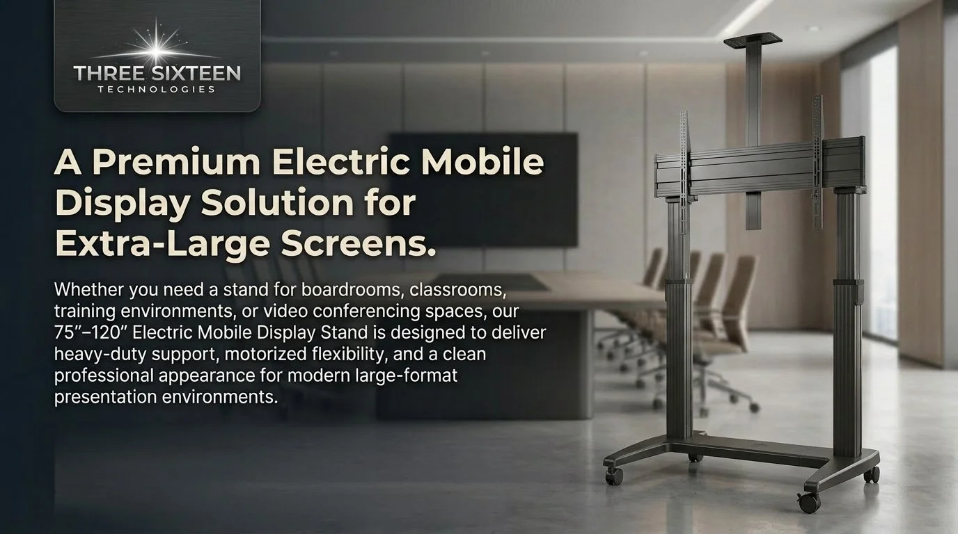 A mobile electric stand for extra-large screens in a conference room with chairs, a large monitor, and windows.