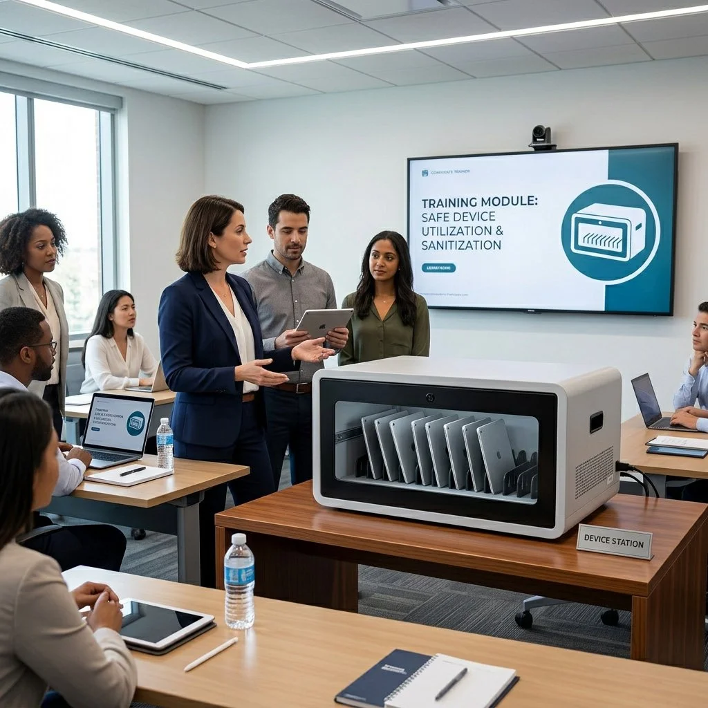 A group of diverse professionals attending a training session on safe device utilization and sanitization. A woman is giving a presentation while holding a tablet, and a large screen displays the training module topic. Laptops, notebooks, and water bottles are on the tables.