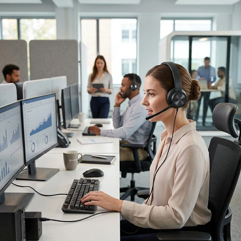 A woman wearing a beige blouse and a headset working at her computer in a modern office with other colleagues and large windows in the background.