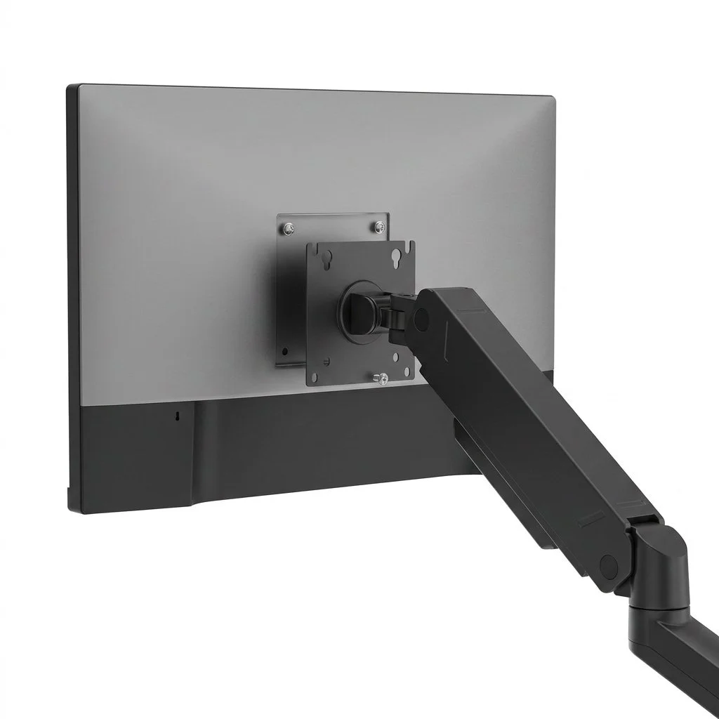 LiftMax monitor arm with quick-release VESA plates supporting 75 × 75 mm and 100 × 100 mm mounting patterns.