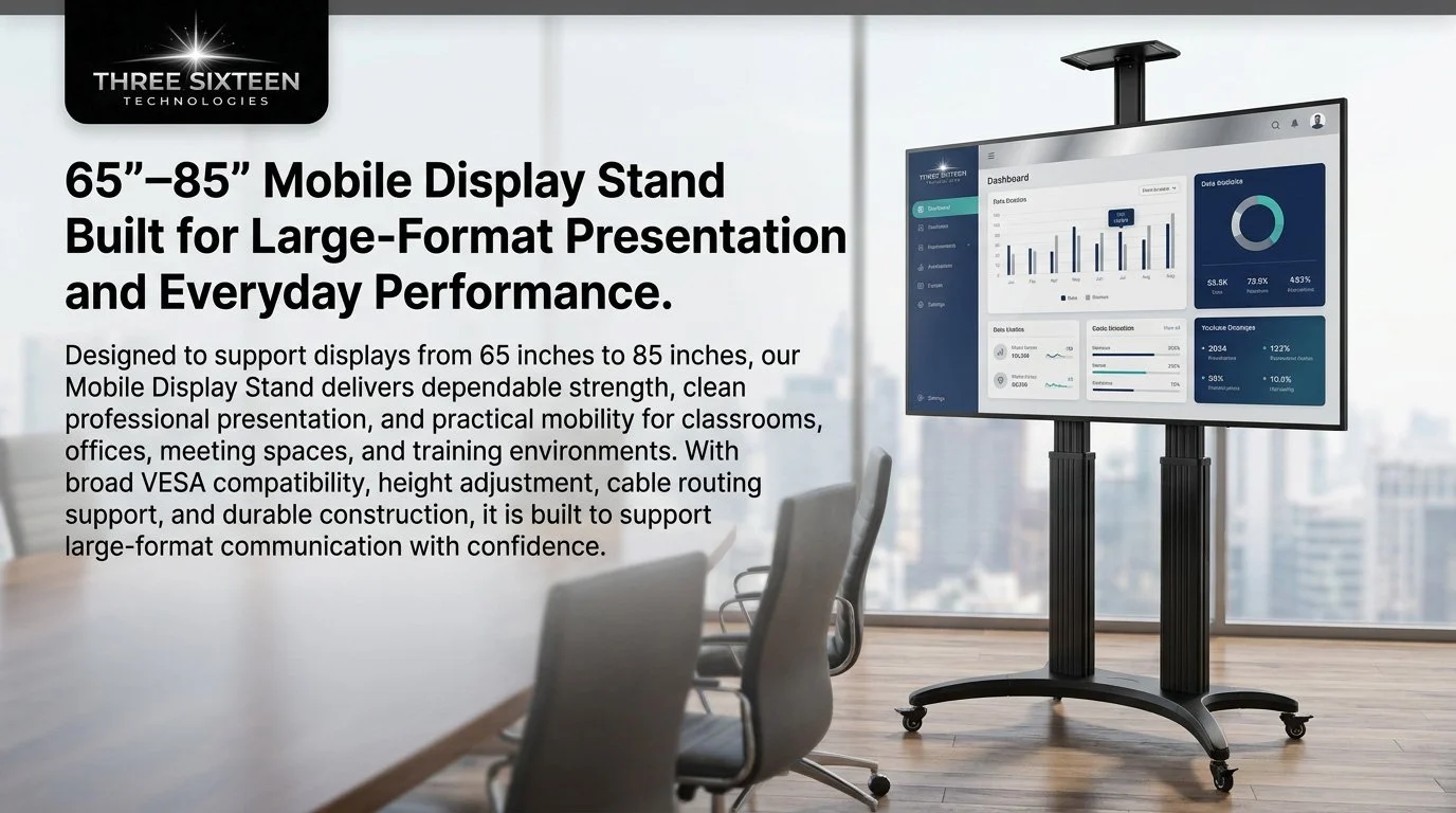 A mobile display stand holds a large flat-screen monitor showing data and charts. The stand is adjustable and designed for large-format presentations and everyday performance, with a modern office background.
