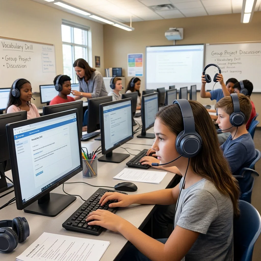 Students working on computers in a classroom with a teacher assisting and whiteboards with notes.