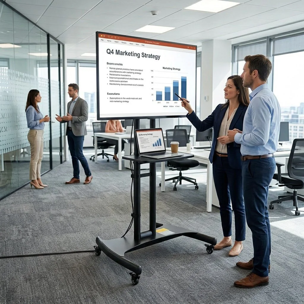 Business professionals in a modern office giving a presentation. One woman points at a large screen displaying a report titled 'Q4 Marketing Strategy' with a bar chart, as another man and woman listen.