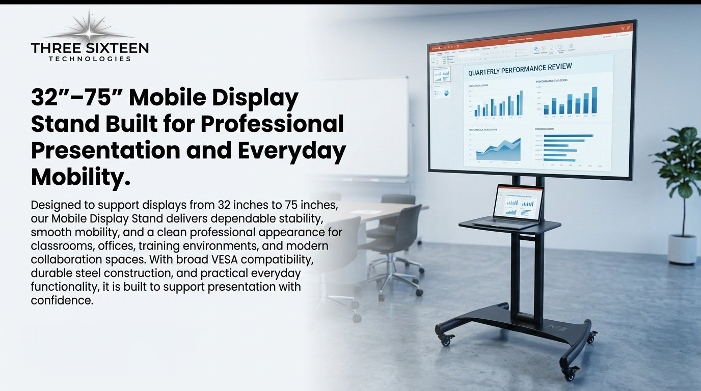 Product display stand supporting 32 to 75-inch mobile displays in an office or conference room, with a large screen, a smaller monitor on top, and a background with chairs and a potted plant.
