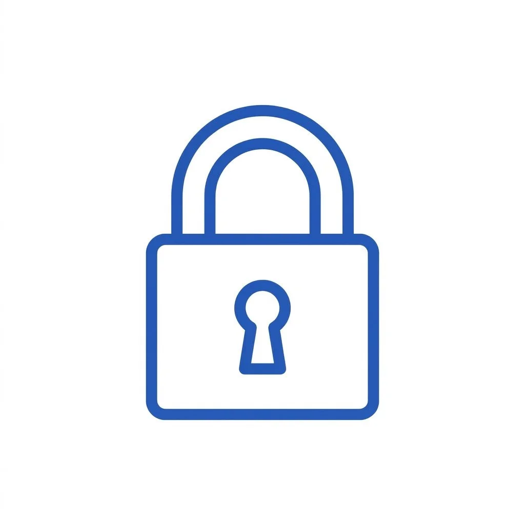 Blue outline icon of a padlock on a white background