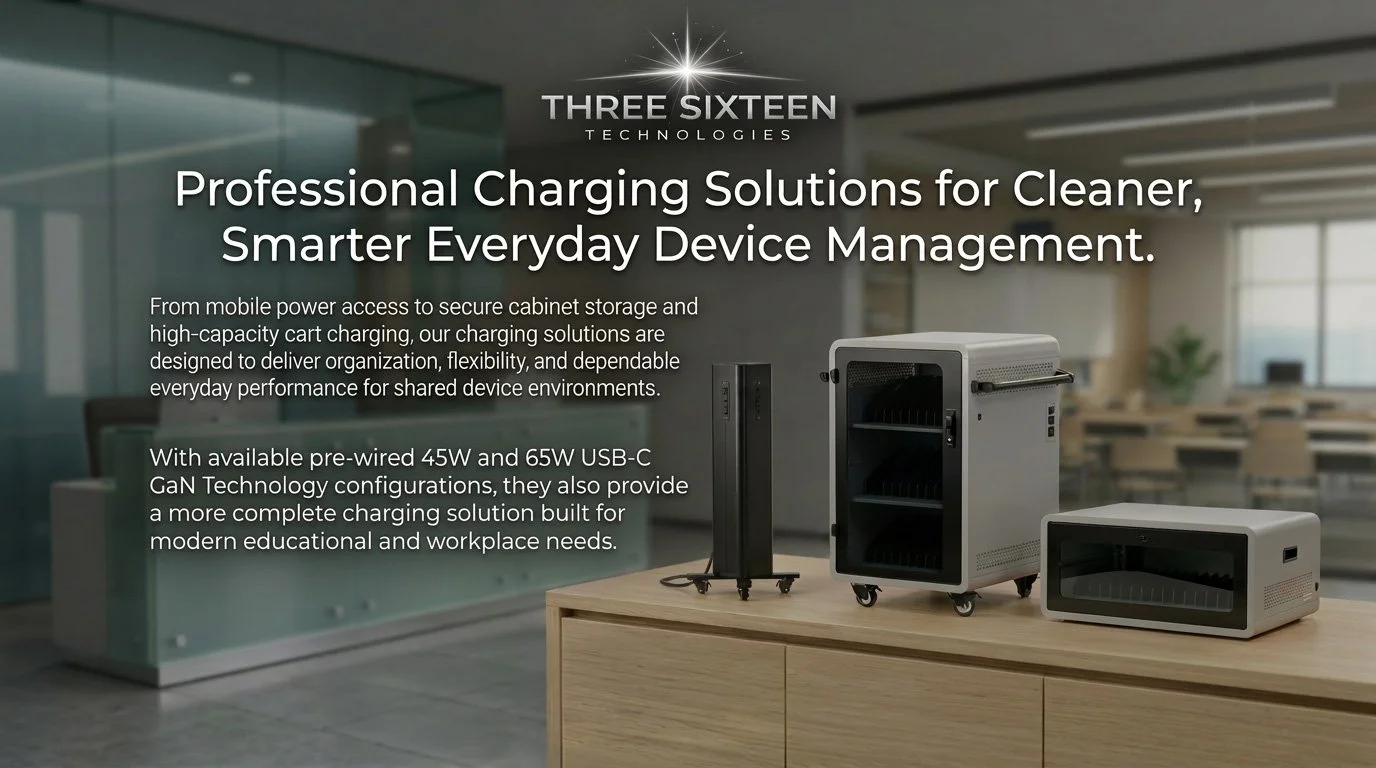 Three charging cabinet units on a wooden table in an office setting with large windows, advertising professional charging solutions with a background of a modern office.