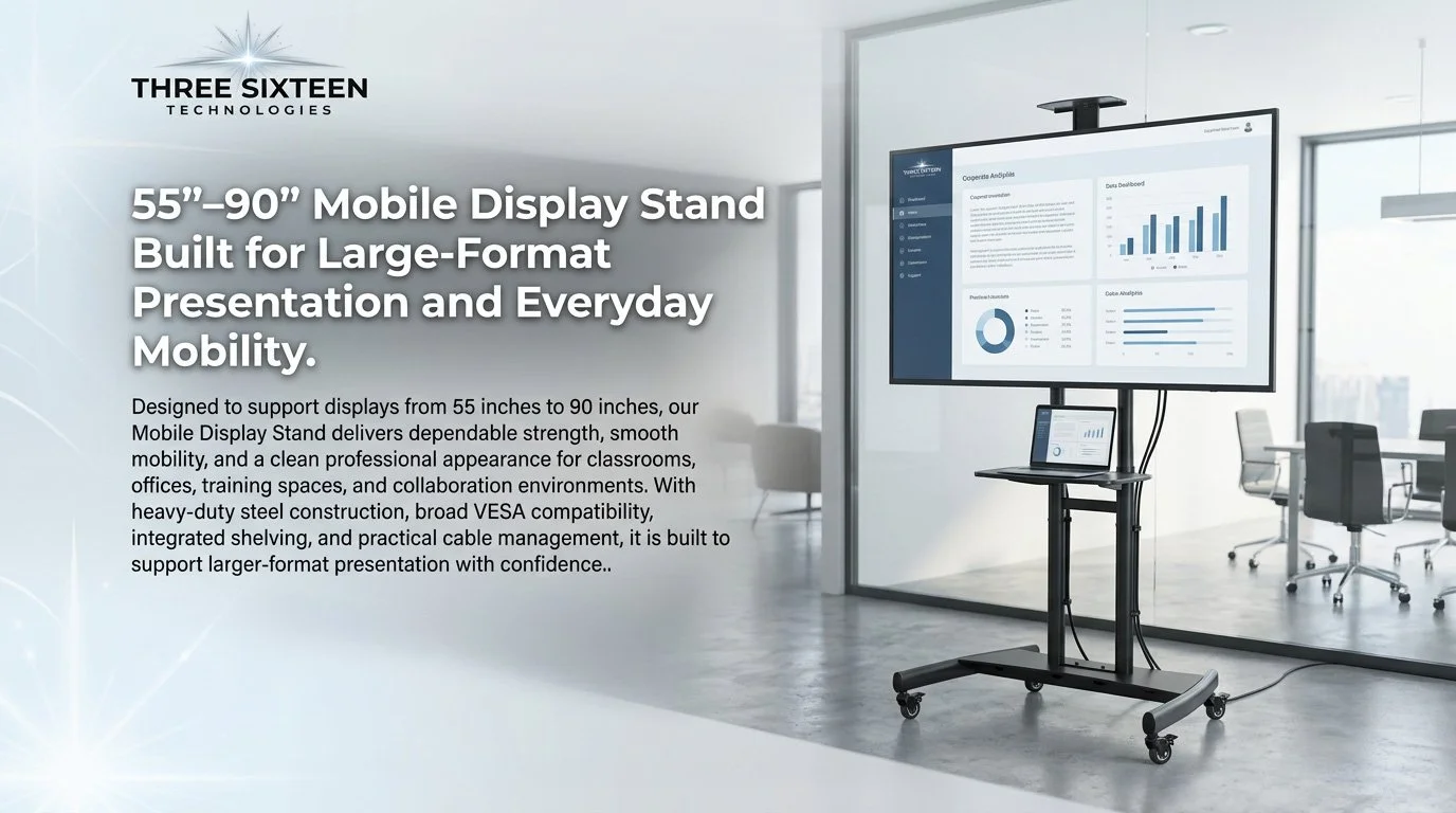 Image of a mobile display stand with a large screen showing data charts, a smaller screen below it, in a bright, modern office setting.