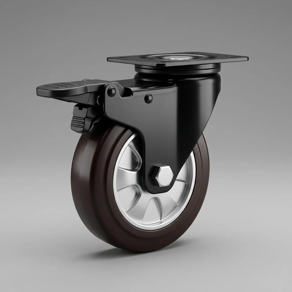 A close-up of a black caster wheel with a gray mounting plate against a gray background.