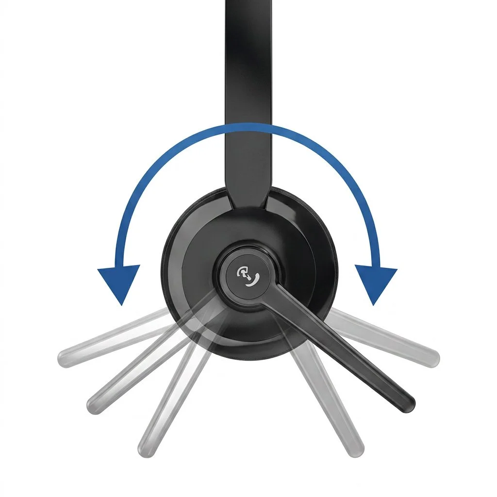Close-up of the 270-degree rotatable boom microphone for left-side or right-side positioning.