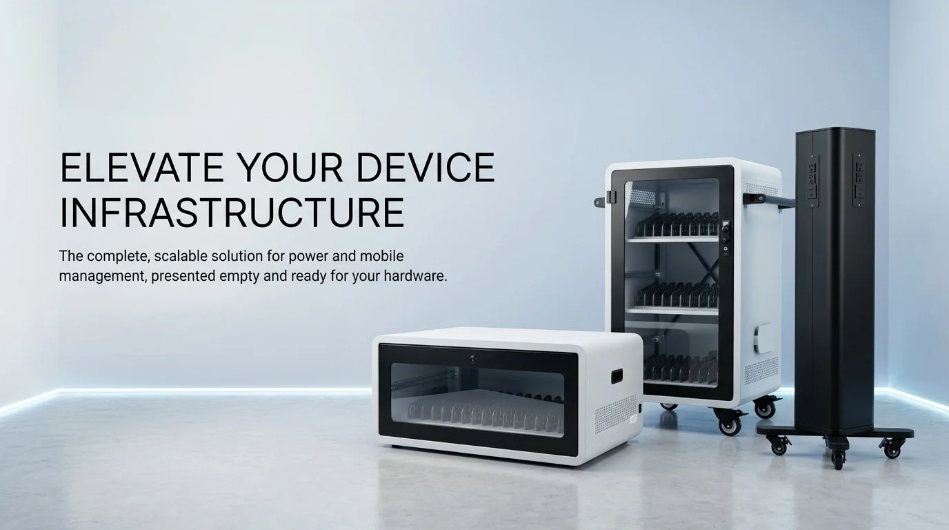 Three battery management devices, including two white and one black units, are arranged on a gray floor against a light wall for a device infrastructure showcase.