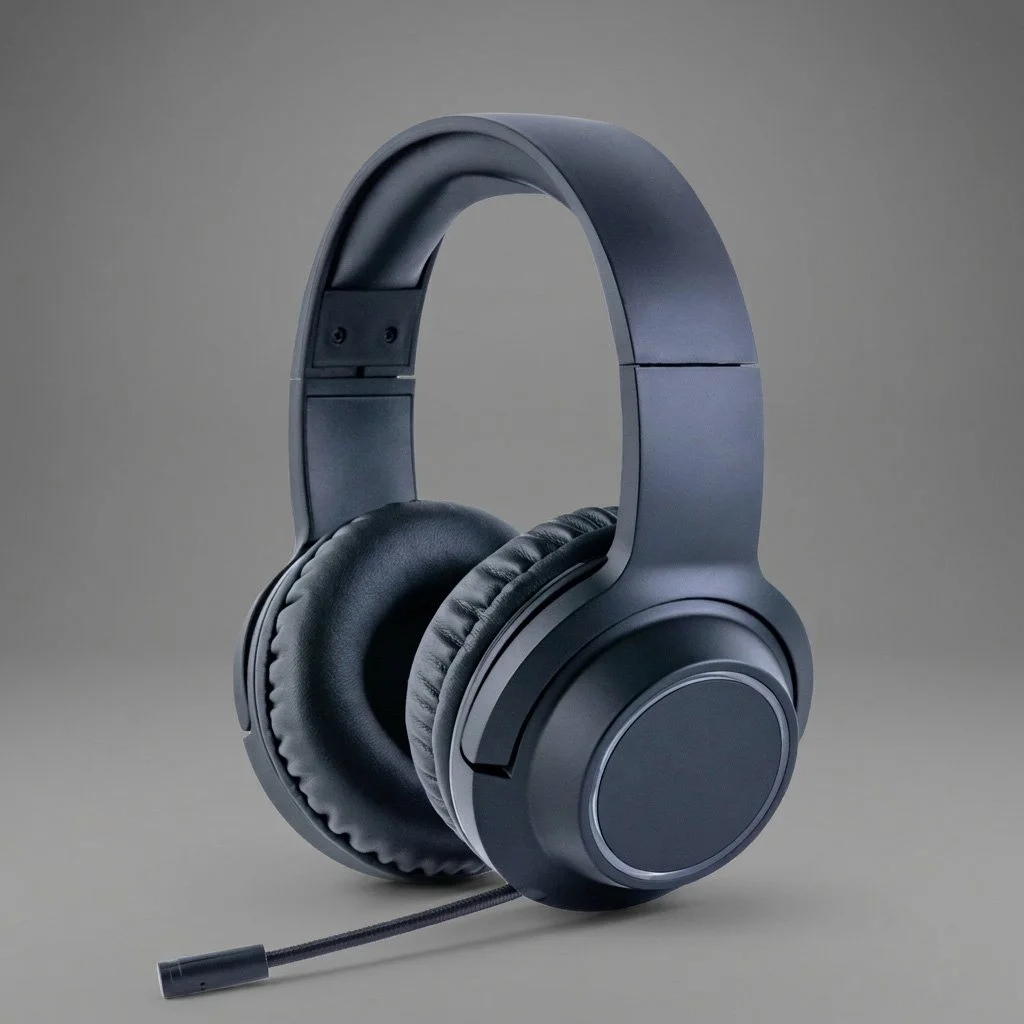 Black over-ear headphones with a built-in microphone on a gray background.