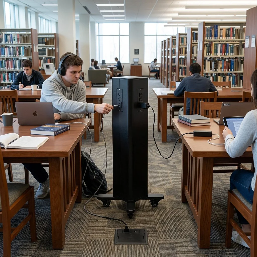 People studying and working on laptops in a library, connected to a large portable power station.